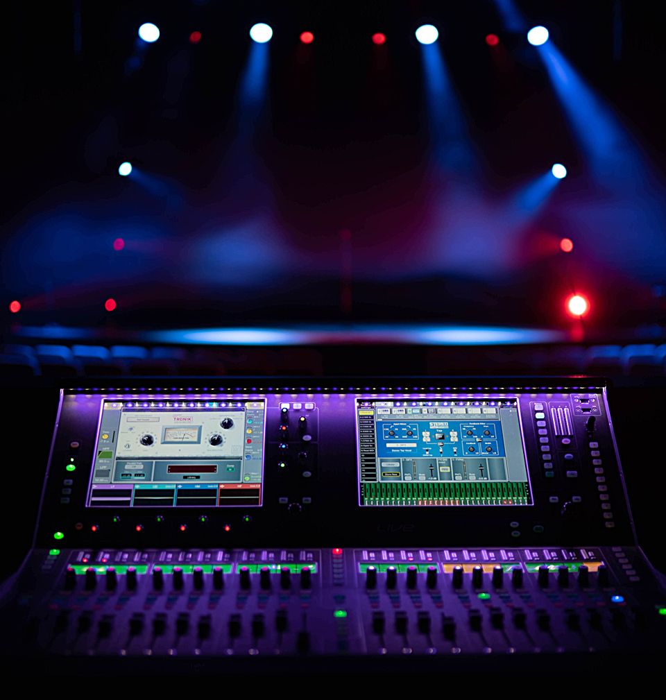 The Allen & Heath dLive C3500 in Southside Church’s main auditorium with the stage in view.