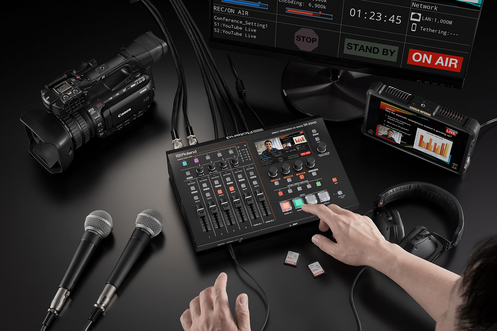 Easy-to-use solution that combines a video switcher, audio mixer, preview screen, recorder/player, and streaming encoder in one portable unit.