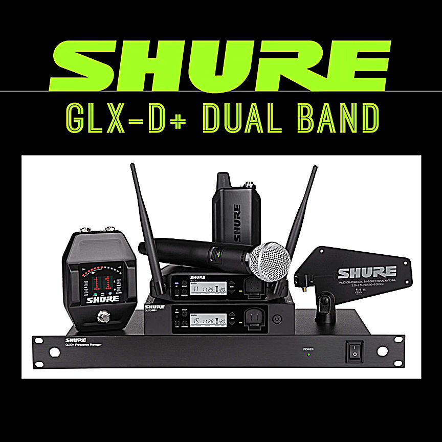 Shure’s GLX-D+ dual-band digital wireless system can operate at 2.4 GHz or 5.8 GHz, providing reliable and consistent signal by automatically scanning for and selecting the cleanest available frequencies.