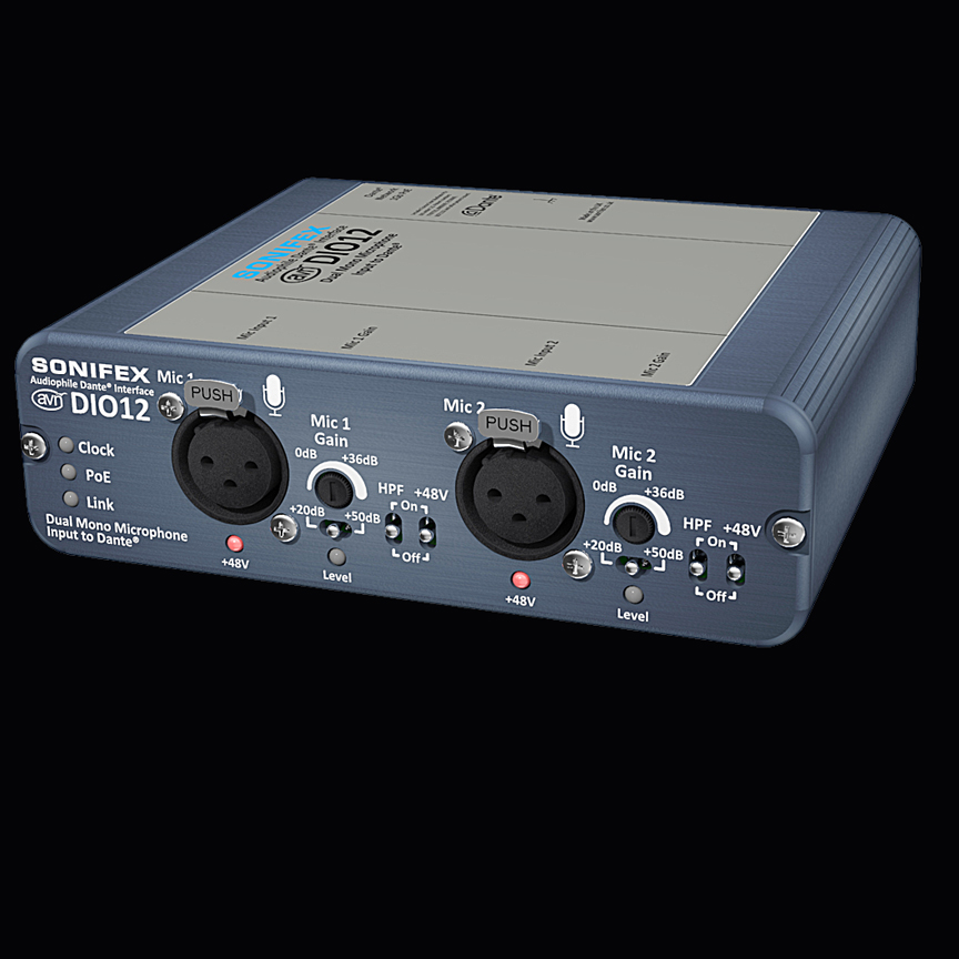 The Sonifex AVN-DIO12 Dual Mic Preamp is PoE powered and has and a Dante output