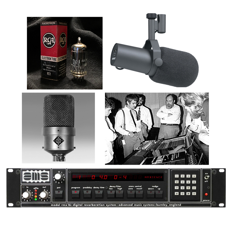 Inductees to 2024’s NAMM TECnology Hall of Fame include (from top left, clockwise) RCA 12AX7 dual-triode tube; Shure SM7/SM7B vocal microphone; Harrison Systems Series Ten automated mixing console; AMS rmx 16 digital reverb; and Neumann M49 variable pattern tube microphone